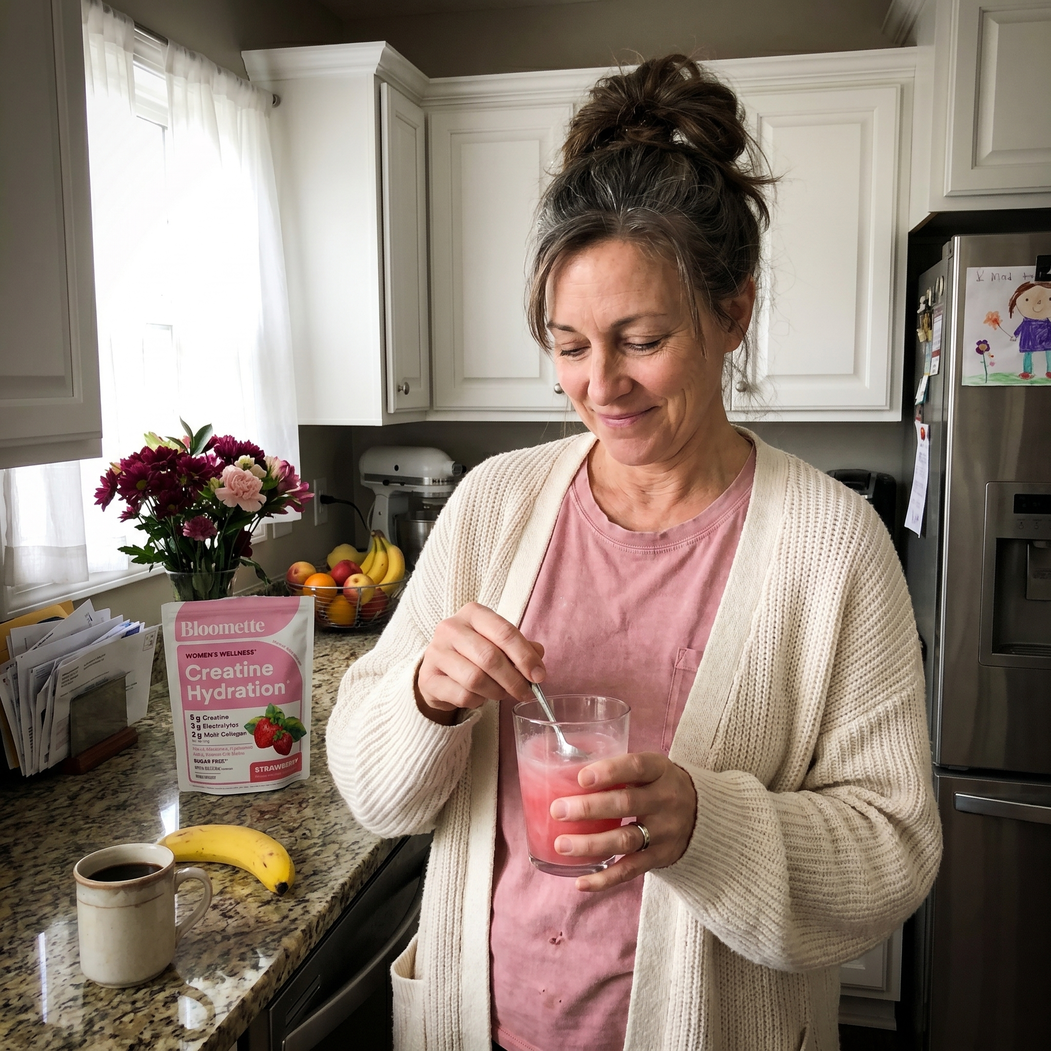 Woman in her 40s stirring Bloomette Midlife Reset